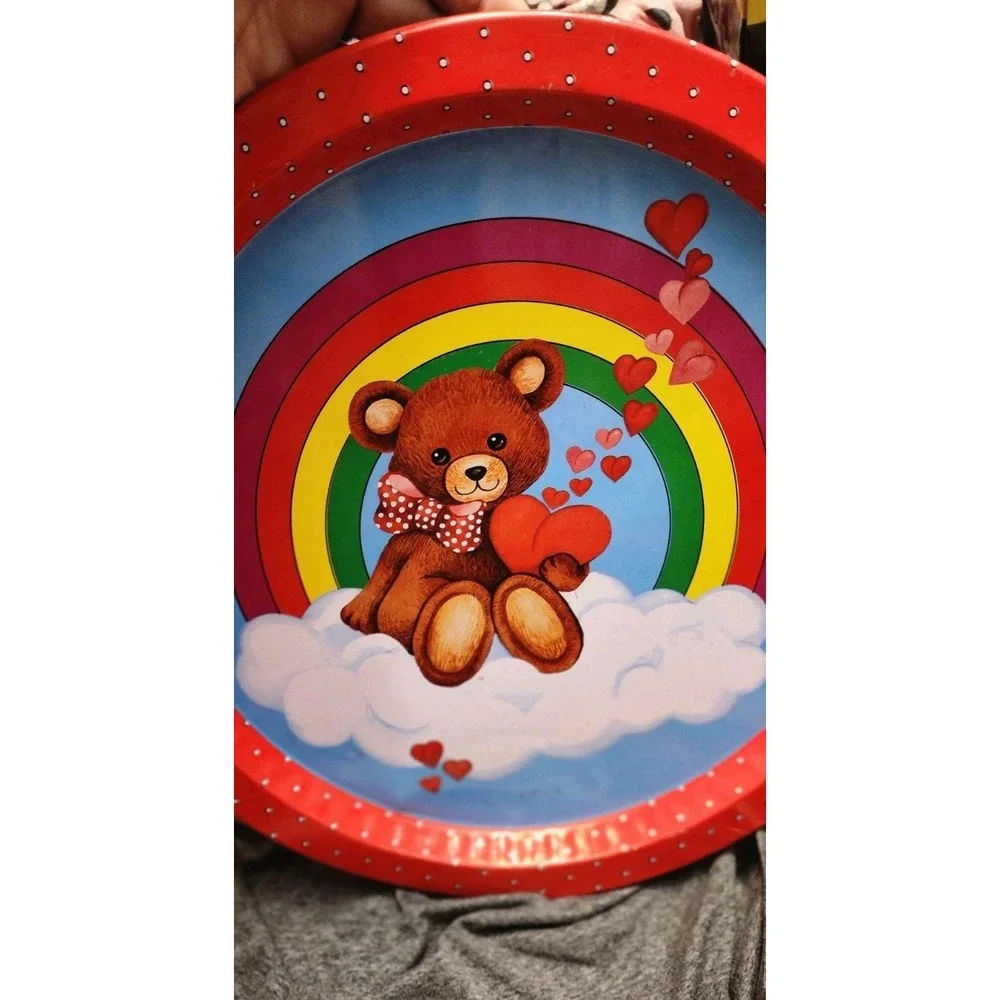 Vintage Teddy Bear Rainbow Hearts Metal Serving Tray 12